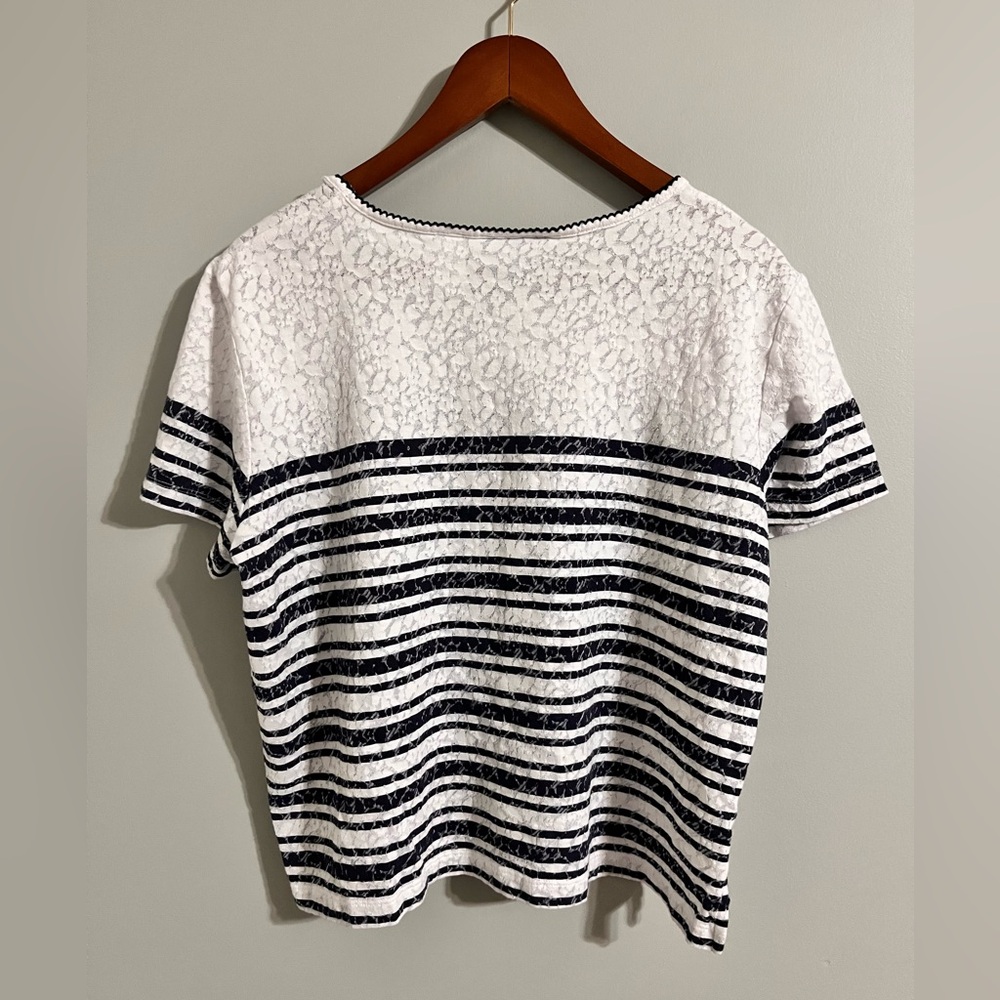 Alfred Dunner Black and White Striped Floral Lace Blouse - Picture 2 of 8